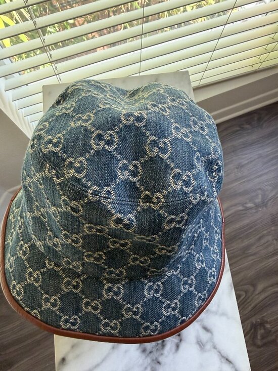 Gucci GG Monogram Blue Denim Bucket Hat — Brown Lambskin Leather Trim, Size M 58 main image 9